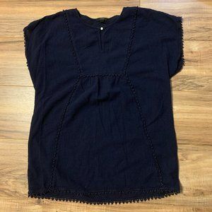 Navy Blue J Crew Blouse Pearl Button XS Pom Poms